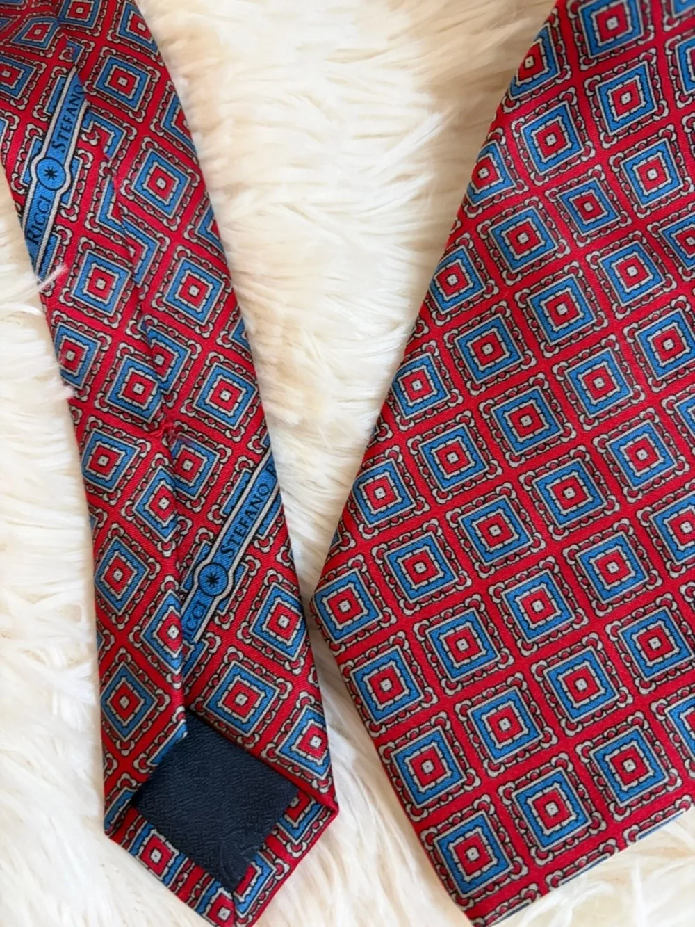 Stefano Ricci Saks Tie 100% Silk Blue Red Geometric  Italy Excellent Condition